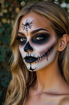 Woman Skull Makeup, Voodoo Make Up Halloween, Voodoo Skull Makeup, Women’s Skull Makeup, Light Skull Makeup, Easy Diy Day Of The Dead Makeup, Zipper Face Makeup Halloween, Dead Costume Ideas Women, Dia De Los Muertos Hair Ideas