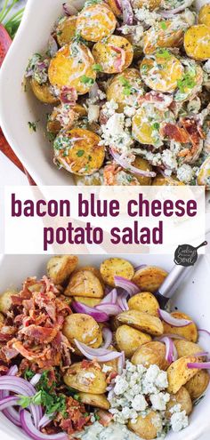 bacon blue cheese potato salad in a white bowl with the title above it that reads bacon blue cheese potato salad