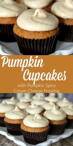 cupcakes with pumpkin spice cream cheese frosting are on a white platter