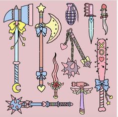 an assortment of different items are shown on a pink background with stars, moon, and other things