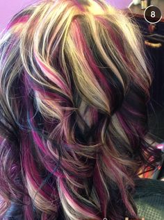 Multi Colored Hair Highlights, Multi Colored Highlights, Blonde Pink And Black Hair, New Hair Color Ideas, Rambut Brunette, Hair Color Unique, Multi Colored Hair, Hair Color Crazy