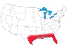 a map of the united states with gulf coast highlighted in red and blue on it