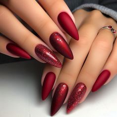 Don't forget to follow my profile :) Red Matte Nails With Glossy Tips, Red Satin Nails, November Red Nails, Fall Red Almond Nails, Red November Nails, Red Nails Glitter Design, Fall Red Nails 2024, Moulin Rouge Nails, Deep Red Nails Acrylic