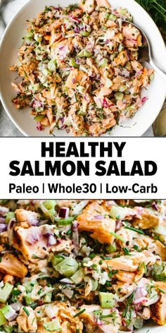 Healthy salmon salad recipe Meal Prep Salmon Salad, Salmon Salad Keto, Thai Salmon Salad Recipes, Whole 30 Salmon Salad, Chopped Salmon Salad, Salad Ideas Low Carb, Salmon Recipes Shredded, Keto Salmon Salad Recipes, High Protein Salmon Salad