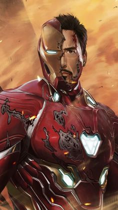 an iron man standing in the desert with his hands on his hips and glowing eyes