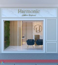 the front entrance to a coffee shop with two chairs and a sign that says harmonic