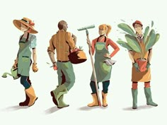 three people are dressed in different outfits and holding gardening tools