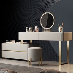 a vanity with a mirror, stools and other items on the floor in front of it