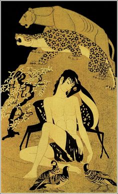 an image of a woman sitting on a chair in front of two leopards and other animals