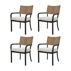 The Caledonia 4-piece outdoor stationary chair set will add modern farmhouse style to your outdoor living area. With a classic all-weather cane woven wicker back and a contrasting black powder-coated steel chair frame, your guests will be relaxing in style. allen + roth Caledonia Set of 4 Wicker Stackable Black Steel Frame Stationary Dining Chair with Cream Cushioned Seat | 22001-C2 Cream Cushions, Chair Frame, Black Steel Frame, Allen Roth, Steel Chair, Outdoor Living Patio, Grey Cushions, Modern Farmhouse Style, Outdoor Living Areas