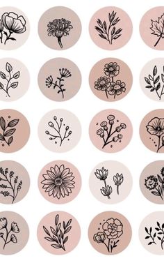 various flowers and leaves drawn in black ink on a pink circle with the words, i love