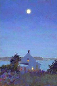 a painting of a house by the water at night with a full moon in the sky