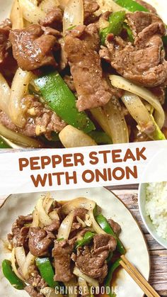 beef and onion stir fry with onions in a white bowl next to rice on a wooden table