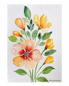 watercolor painting of yellow and orange flowers with green leaves on white paper, ready to be painted