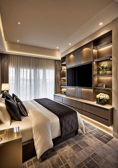 a bedroom with a large bed and tv on the wall