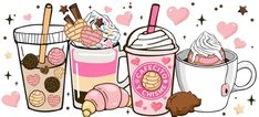 there are many different types of drinks in the cup and on the table, one is filled with ice cream