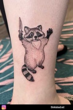 a small raccoon holding a knife on the side of her leg, with it's arms in the air