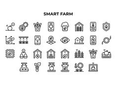 the smart farm line icon set is shown in black and white, with different symbols