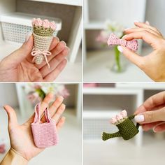 four pictures of handmade items in different stages of being held by someone's hands