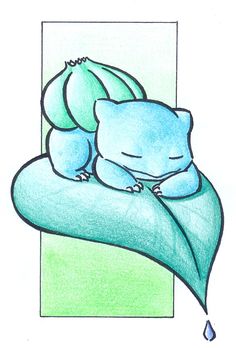 a drawing of a blue bear sleeping on a green leaf with a drop of water