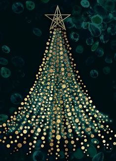 a christmas tree made out of gold circles on a black background with the star above it