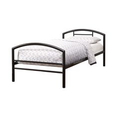 a black metal bed frame with white sheets and pillows on top of it, in front of a white background