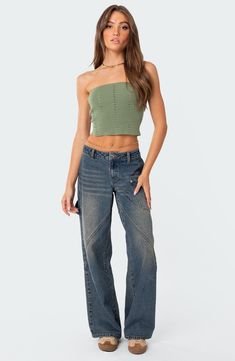 A more minimalist take on the utility trend, these nonstretch carpenter jeans feature a low-rise waist, full-length legs and a cool paneled construction. 100% cotton Machine wash, dry flat Imported Green Tube Top, Tube Top Outfits, Swimwear Dress, Lace Patchwork, Cropped Tube Top, Carpenter Jeans, Mixing Fabrics, Cool Fabric, Denim Fabric