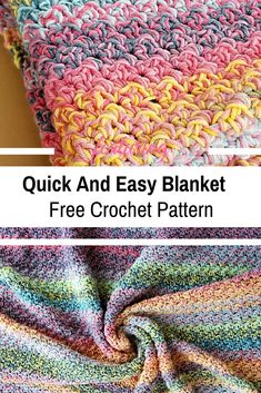 crocheted blanket with text that reads quick and easy blanket free crochet pattern