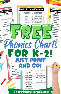 the free phonics chart for k - 2 is shown with crayons and markers