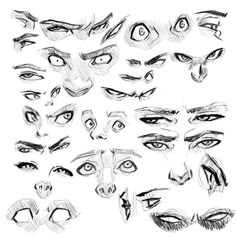 an image of various facial expressions drawn in pencil on white paper with the words, eyes and