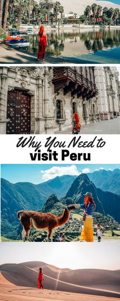 some people are walking in the desert with mountains behind them and text that reads, why you need to visit peru