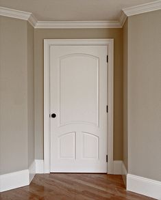 an empty room with a white door and hard wood floor