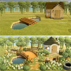 two different views of a small house in the middle of a field with water and trees