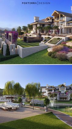 two views of the front and back of a large house with landscaping on both sides