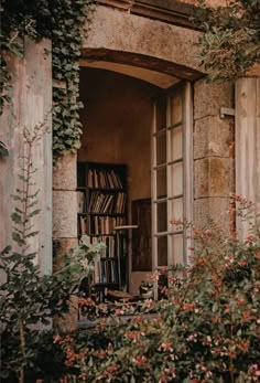 an open window with books on it and vines growing around the window sill in front of it