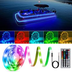 the boat is lit up with colorful lights and remote controls on it's side