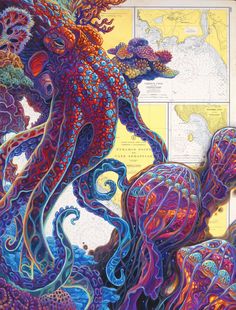 an octopus is depicted in this colorful painting