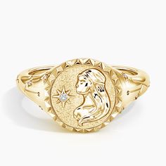 Virgo Zodiac Diamond Signet Ring - 14K Yellow Gold. An embossed woman and a starlike diamond empower this signet and its wearer with the characteristics of the Zodiac earth sign Virgo - creative, reliable, observant. 
 
 An impression in the symbolic shape of the Virgo sign is carved into the textured back side of the signet itself, while a shimmering constellation is formed with diamonds along either side of the design. 

Sol is a collection that invites you to embrace your inner light. By capt Engagement Ring Based On Zodiac Sign, Virgo Ring, Virgo Jewelry, Tin Cup, Diamond Signet Ring, Libra Sign, Virgo Sign, Botanical Jewelry, Inner Light