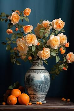 a vase filled with flowers and oranges on top of a table