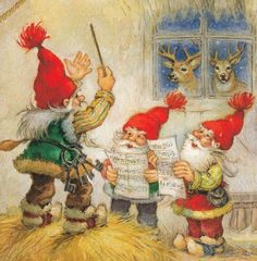 a christmas card with three gnomes singing and holding sheet music in front of an open window