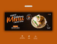 a restaurant website with an orange background and food items on the page, including sandwiches