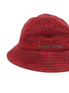 Red logo-plaque bucket hat from MARINE SERRE featuring interwoven design and silver-tone logo plaque. | Marine Serre Logo-Plaque Bucket Hat Woman Accessories, Marine Serre, Red Logo, Design Silver, Bucket Hat, Branding Design, Silver Tone, Crochet Hats, Women Accessories