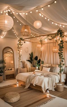 a bedroom decorated with lights and greenery