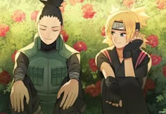 two anime characters are sitting in front of some flowers and bushes, one is holding his hand on the other's shoulder