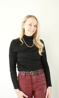 The Simone Turtleneck from Bishop + Young is a chic addition to any wardrobe. It is crafted from a soft, lightweight blend of 95% Rayon and 5% Spandex and features ruched detailing for an extra touch of style. It fits true to size, making it an easy and comfortable choice for any outfit. Ruched Tops For Layering In Fall, Fall Ruched Tops For Layering, Chic Fitted Mock Neck Top For Night Out, Chic Mock Neck Top For Night Out, Fitted Mock Neck Top For Fall Night Out, Fitted Mock Neck Top For Night Out In Fall, Chic Fitted Mock Neck Top For Layering, Chic Mock Neck Top For Fall Layering, Stretch Mock Neck Top For Night Out In Fall