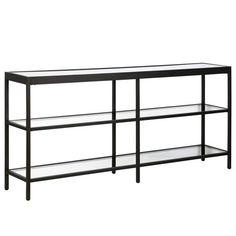 a black metal shelf with glass shelves on each side and two clear shelves below it