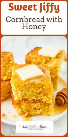 two pieces of cornbread with honey on a white plate and text overlay reads sweet jiffy cornbread with honey