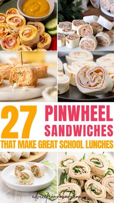 several pictures of sandwiches with the words pinwheel sandwiches that make great school lunches