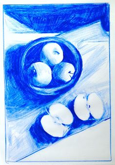 a drawing of apples in a bowl on a table with blue paper and pencils