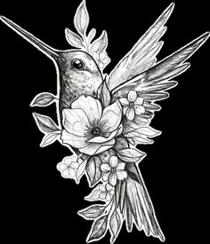 a drawing of a hummingbird with flowers